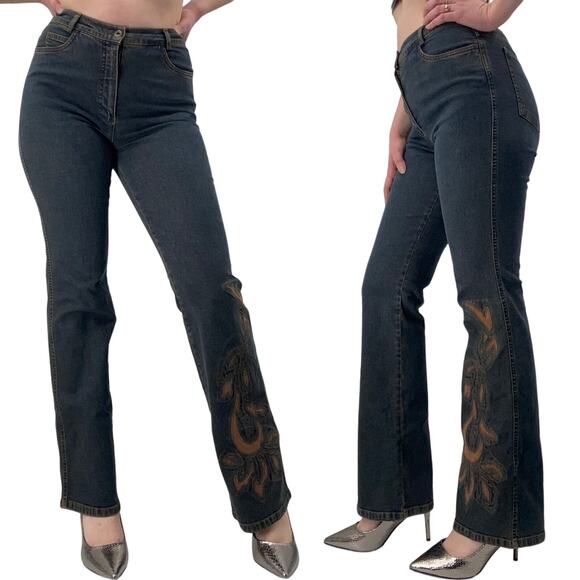 Vintage Y2k Olsen Flared Jeans Embroidered Applique High Rise Rigid Denim 27/ 6 - Picture 1 of 9